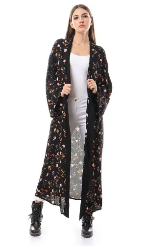 57713 Wide Sleeves Floral Black Long Cardigan