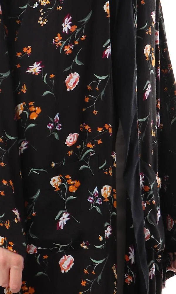 57713 Wide Sleeves Floral Black Long Cardigan