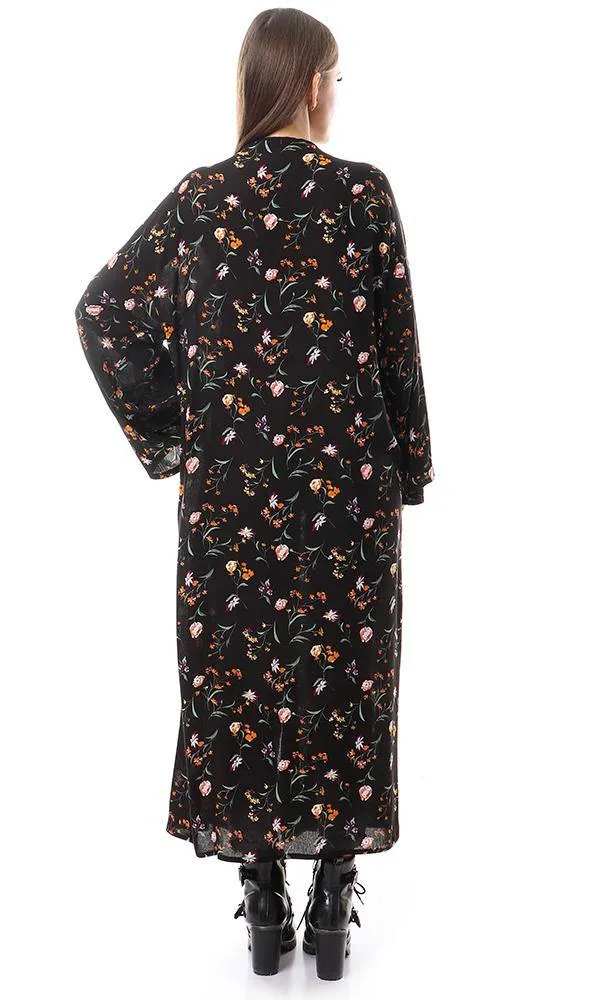 57713 Wide Sleeves Floral Black Long Cardigan