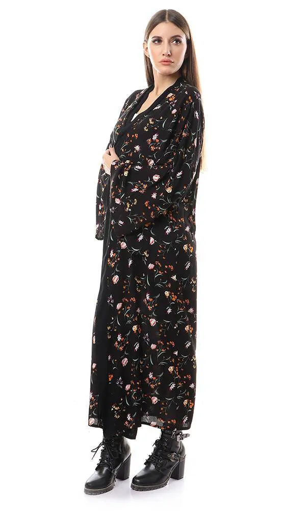 57713 Wide Sleeves Floral Black Long Cardigan