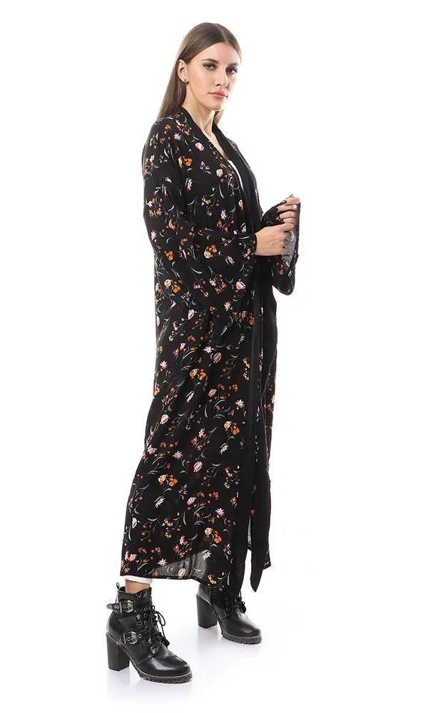 57713 Wide Sleeves Floral Black Long Cardigan