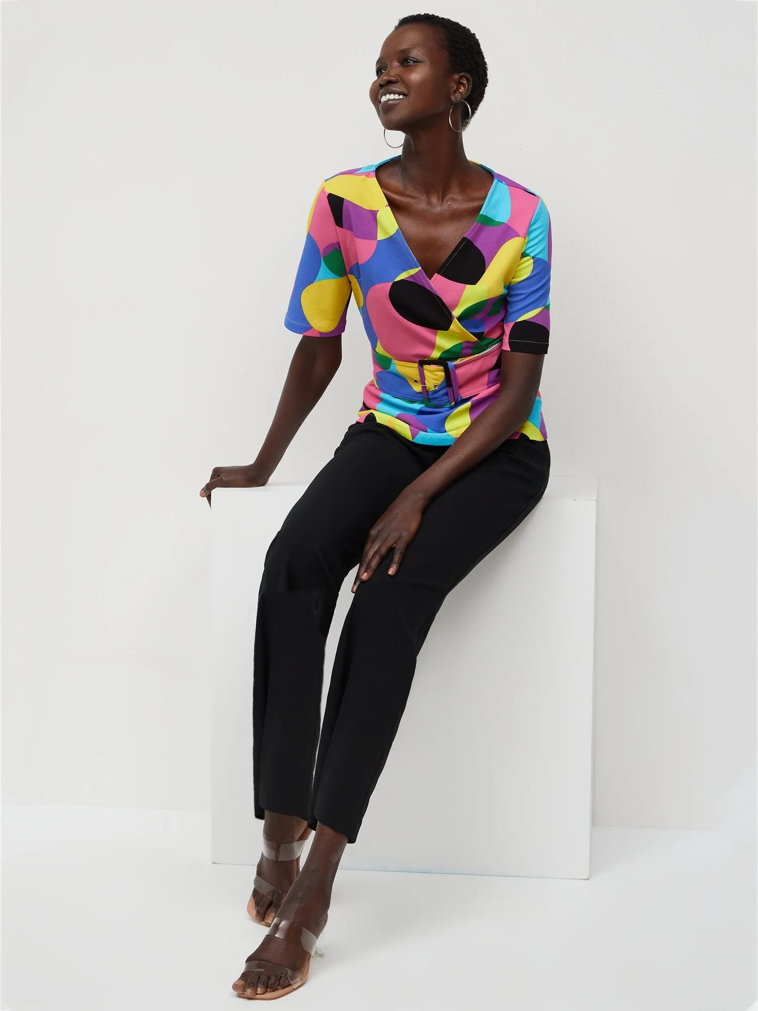 Abstract-Print V-Neck Belted Top - Magic Crepe®