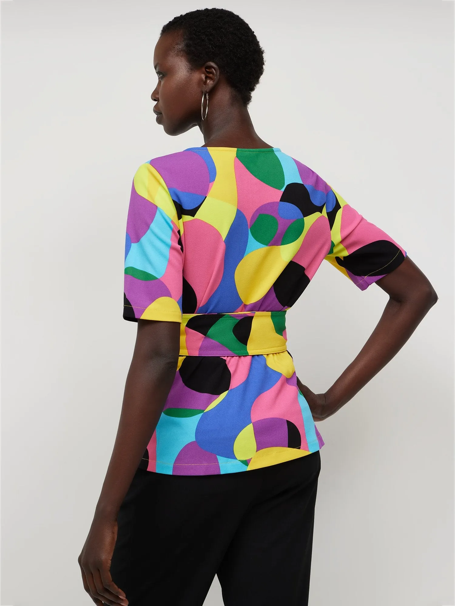 Abstract-Print V-Neck Belted Top - Magic Crepe®