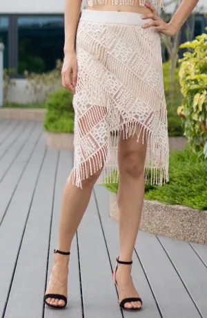 Amazon Nature Inspired Cross Layover See Through Beige Nude Lace Fringe Tassel Mini Skirt