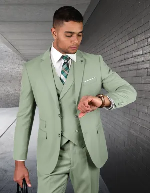 APPLE GREEN SOLID COLOR SUIT. 3PC MODERN FIT FLAT FRONT PANTS WITH DOUBLE BREASTED VEST. SUPER 180'S ITALIAN WOOL | ZARGALA-Apple Green