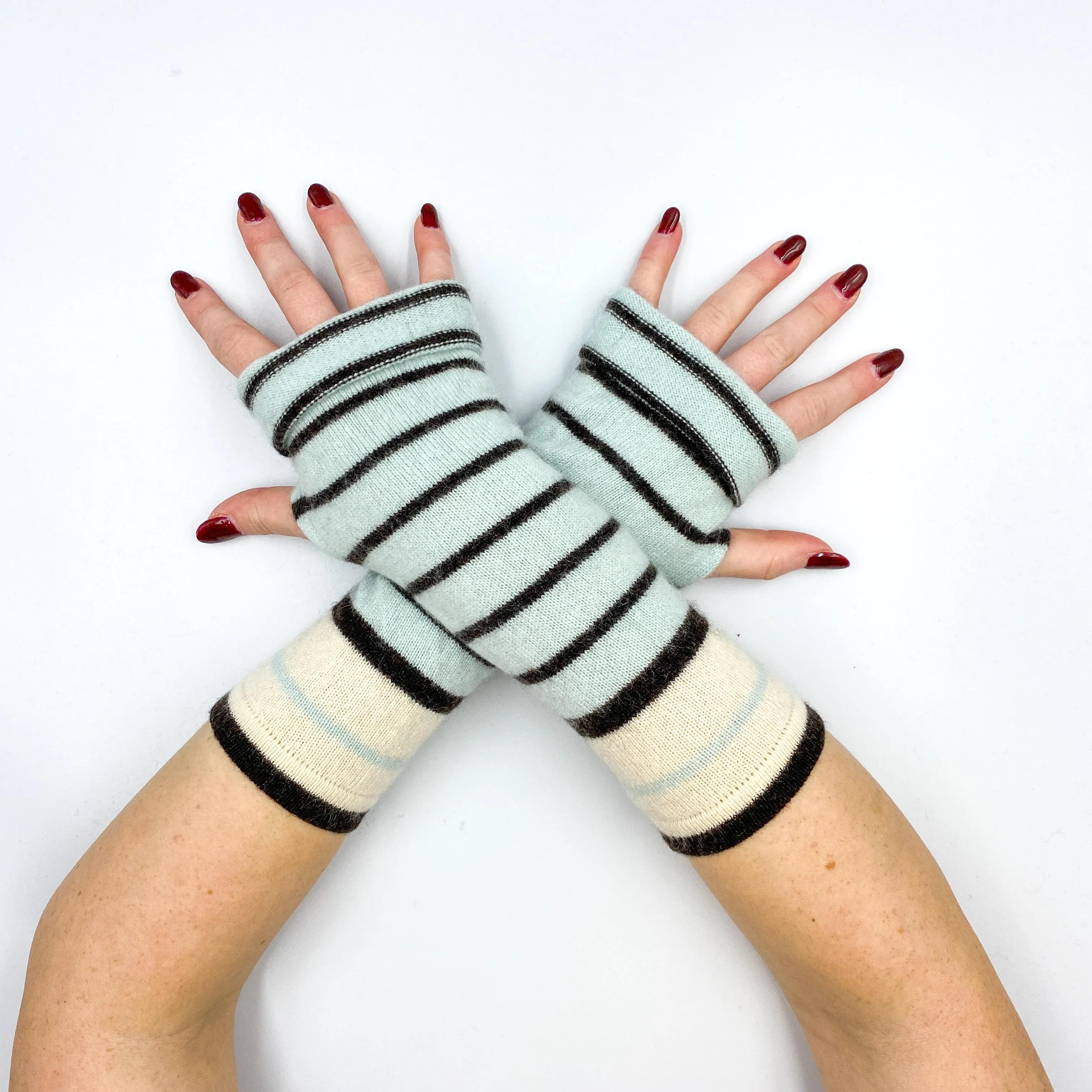 Black and Baby Blue Striped Fingerless Gloves