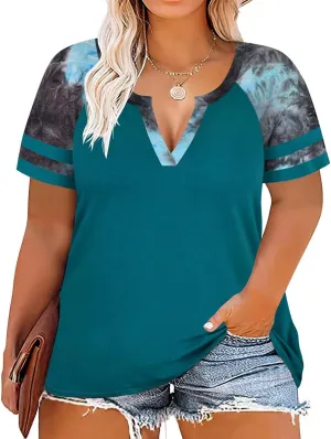CARCOS Plus Size Tops for Women Short Sleeve Summer Pullover Color Block Crewneck/V Neck Tee Tunic Loose Fit Tshirts XL-5XL
