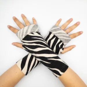 Charcoal and Cream Zebra Print Fingerless Gloves