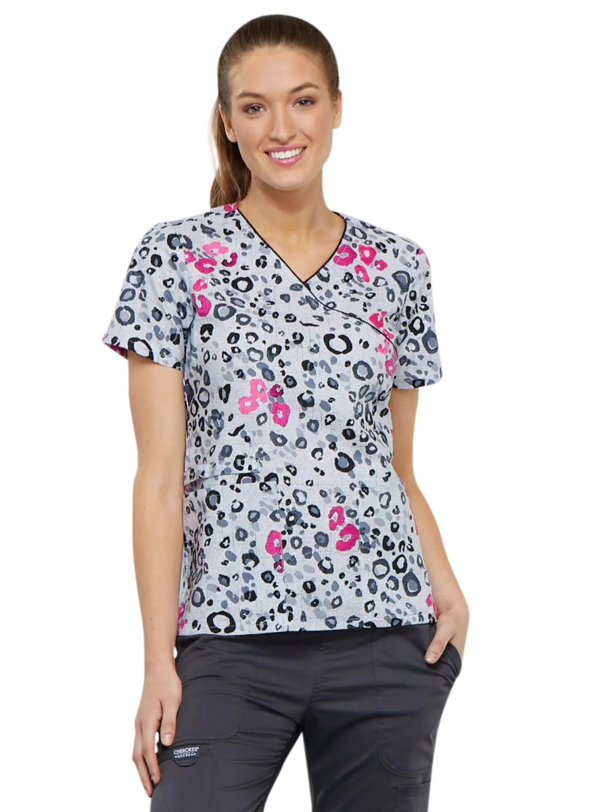 Cherokee Prints Women Scrubs Top Mock Wrap CK614
