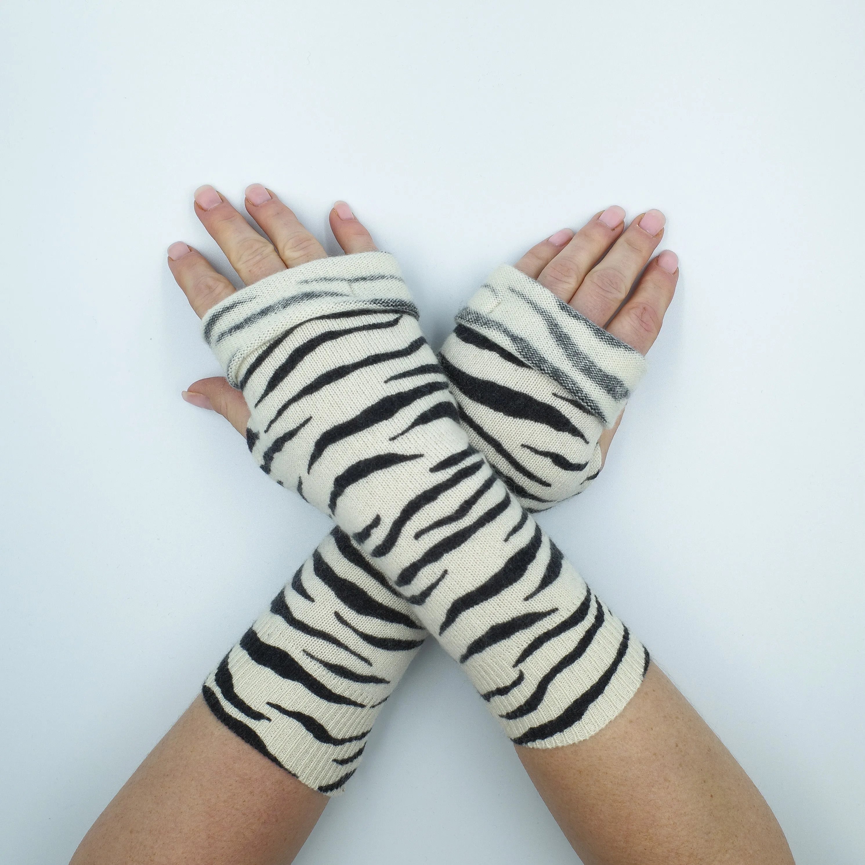 Cream and Black Zebra Striped Fingerless Gloves