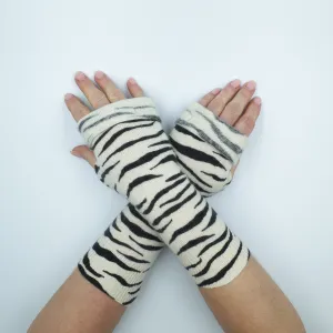 Cream and Black Zebra Striped Fingerless Gloves