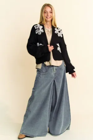 Davi & Dani Black Floral Applique Open Front Dropped Shoulder Cardigan