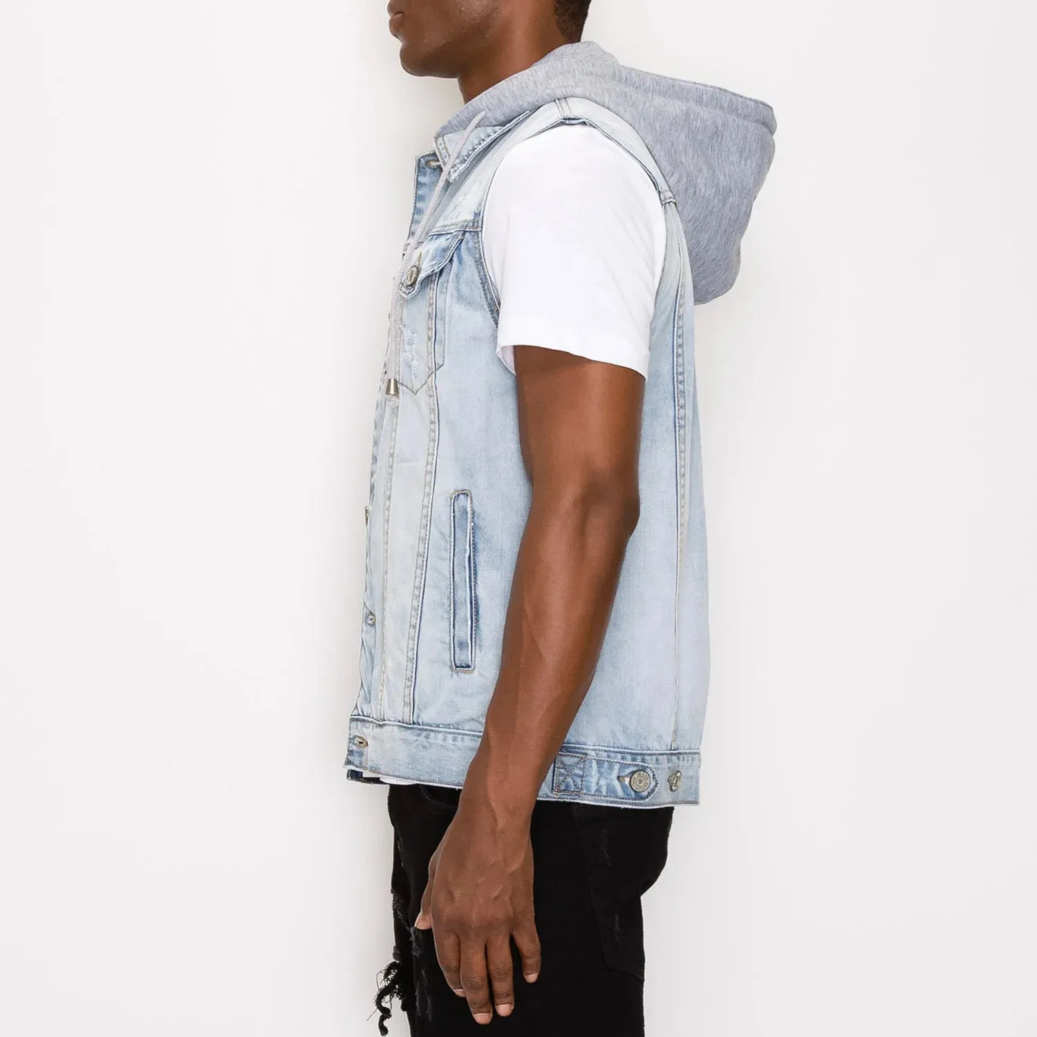 Detachable Hooded Denim Vest - Ice