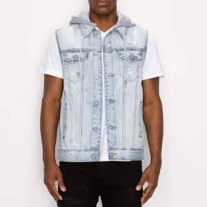 Detachable Hooded Denim Vest - Ice