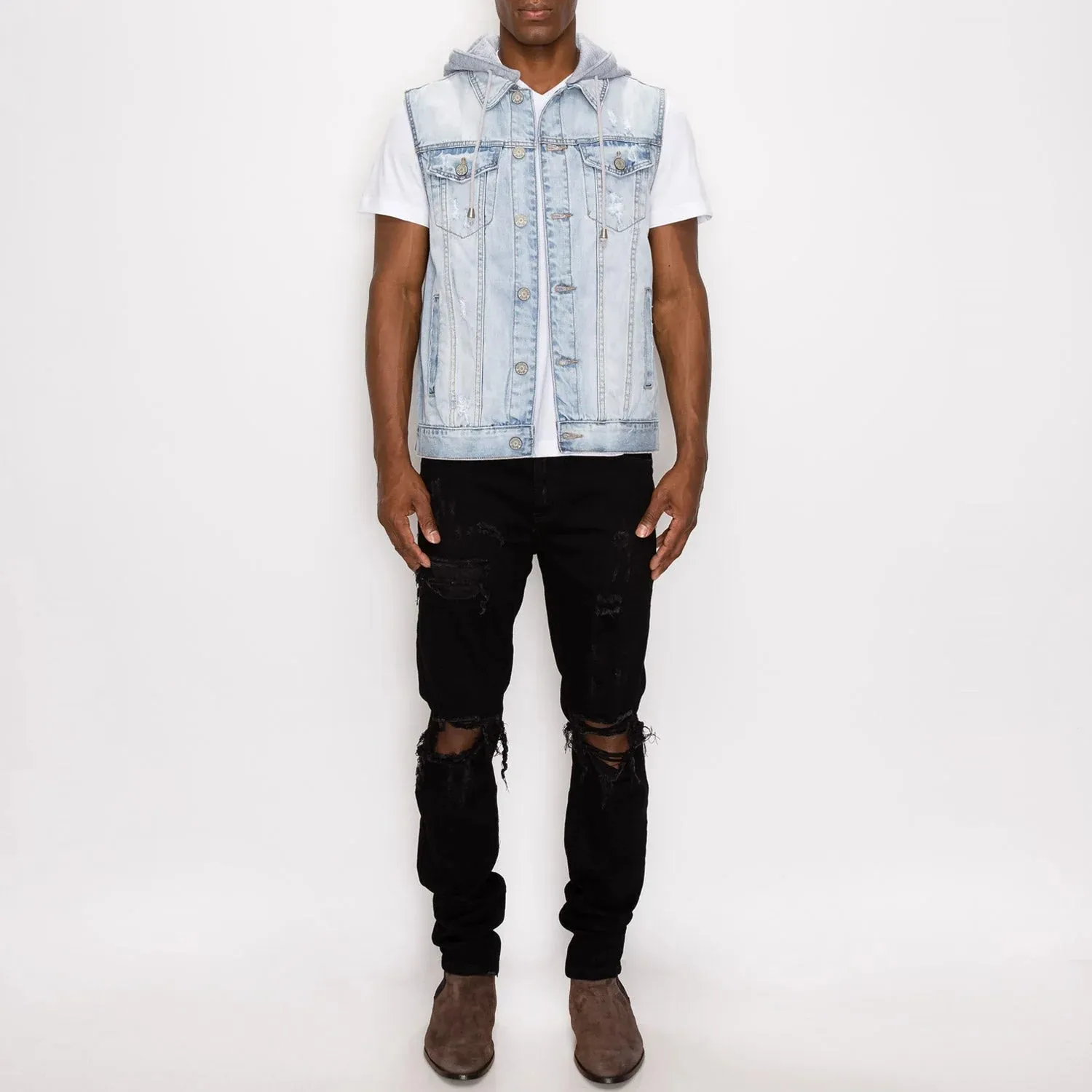 Detachable Hooded Denim Vest - Ice