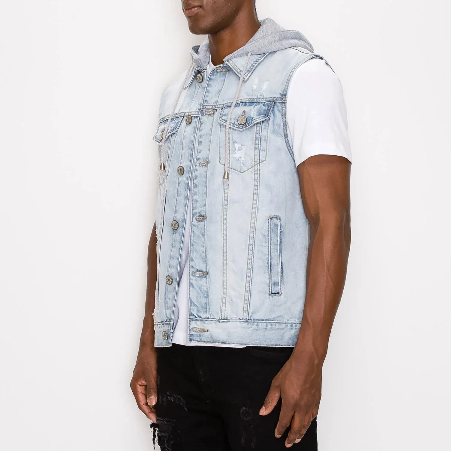 Detachable Hooded Denim Vest - Ice