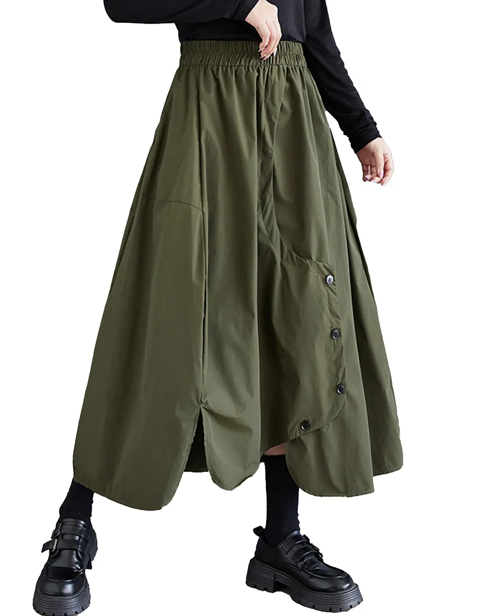 ellazhu Women's Skirt Elastic Waist Two Side Pockets Solid Color Baggy Loose Oversize Trouser GZ314