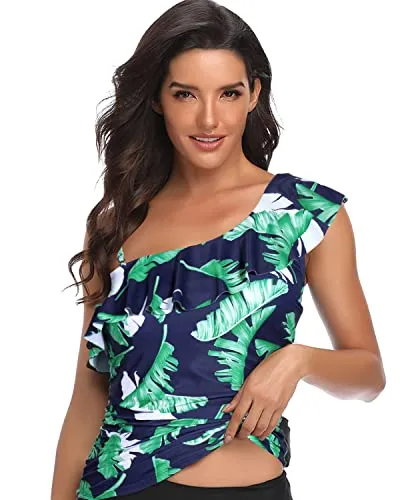 Form Fitting Ruched One Shoulder Tankini Top Strapless Neckline-Blue Leaf