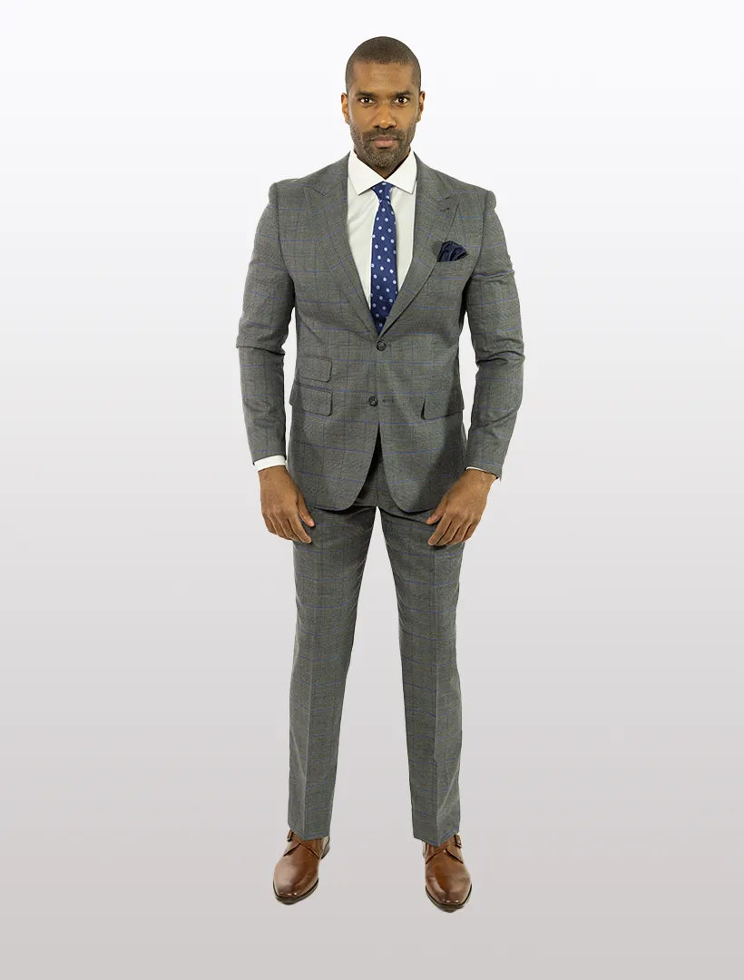 FUBU Grey with Blue Prince of Wales Patterned Peak Lapel Suit