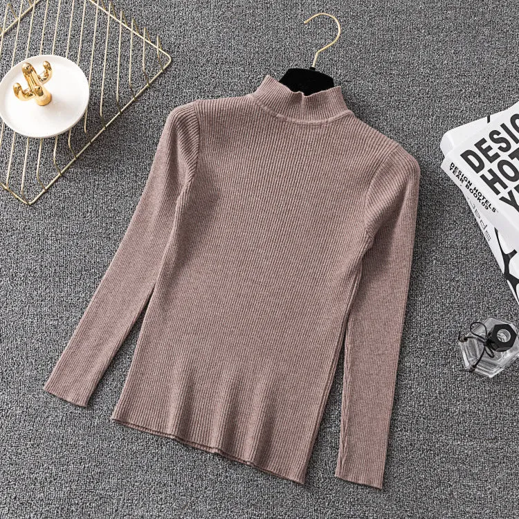 Half-Height Collar Women Long Sleeved All-Matching Slimming Fitted Sweater