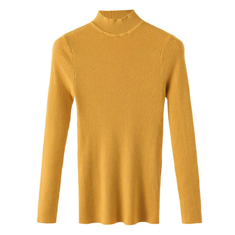 Half-Height Collar Women Long Sleeved All-Matching Slimming Fitted Sweater