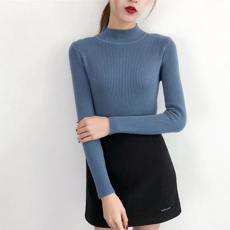 Half-Height Collar Women Long Sleeved All-Matching Slimming Fitted Sweater
