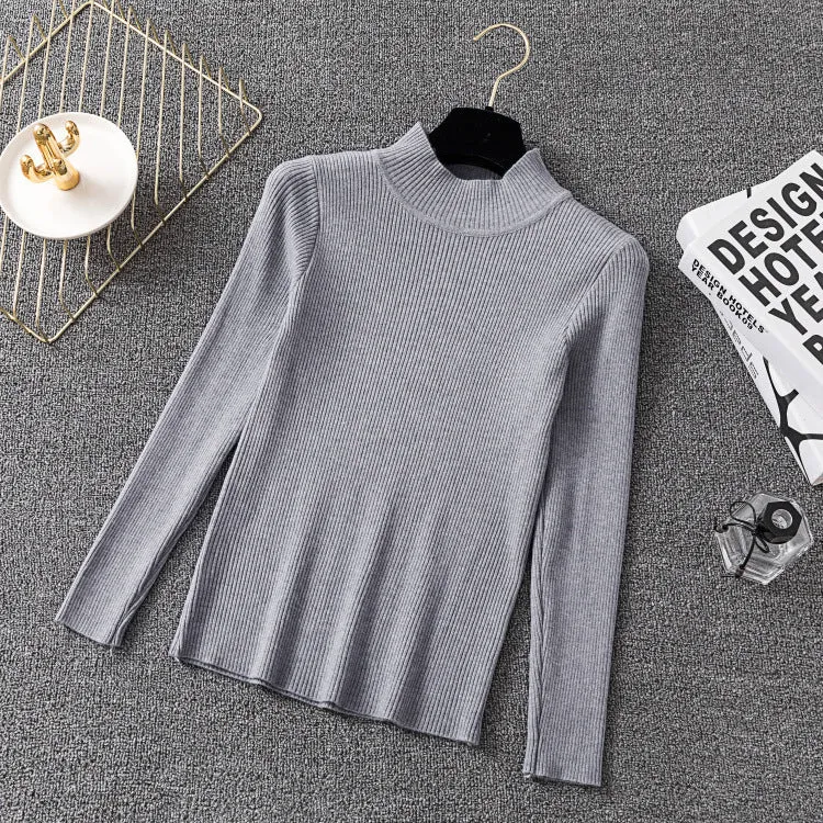 Half-Height Collar Women Long Sleeved All-Matching Slimming Fitted Sweater