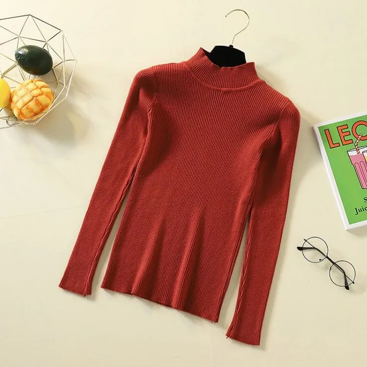 Half-Height Collar Women Long Sleeved All-Matching Slimming Fitted Sweater
