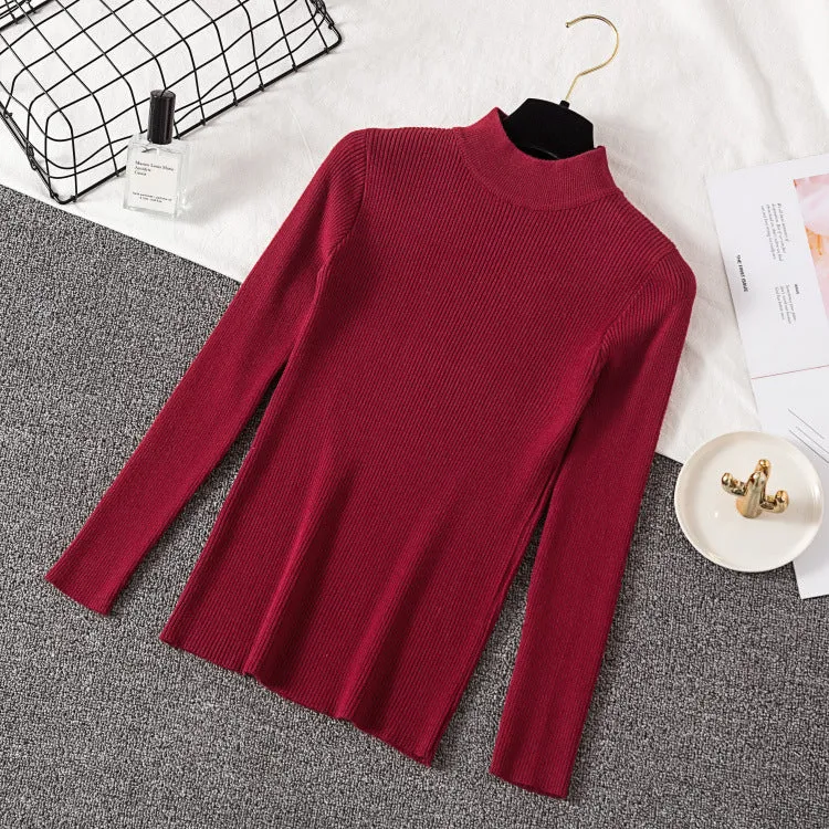 Half-Height Collar Women Long Sleeved All-Matching Slimming Fitted Sweater
