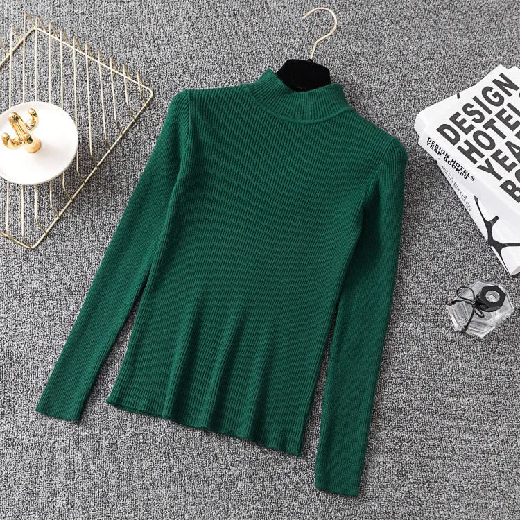Half-Height Collar Women Long Sleeved All-Matching Slimming Fitted Sweater