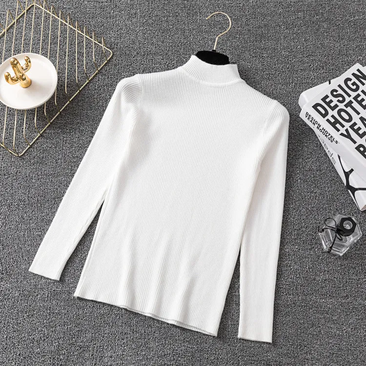 Half-Height Collar Women Long Sleeved All-Matching Slimming Fitted Sweater