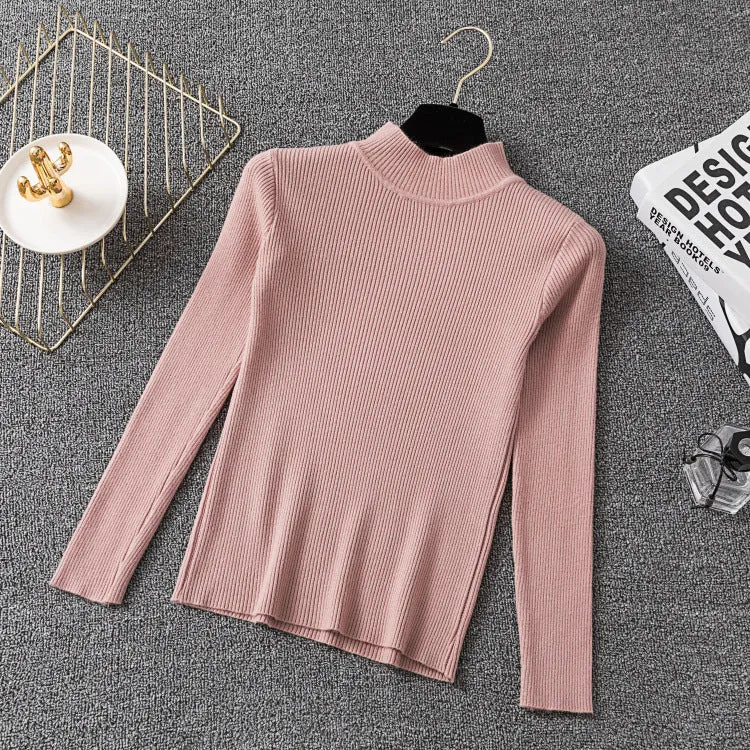 Half-Height Collar Women Long Sleeved All-Matching Slimming Fitted Sweater