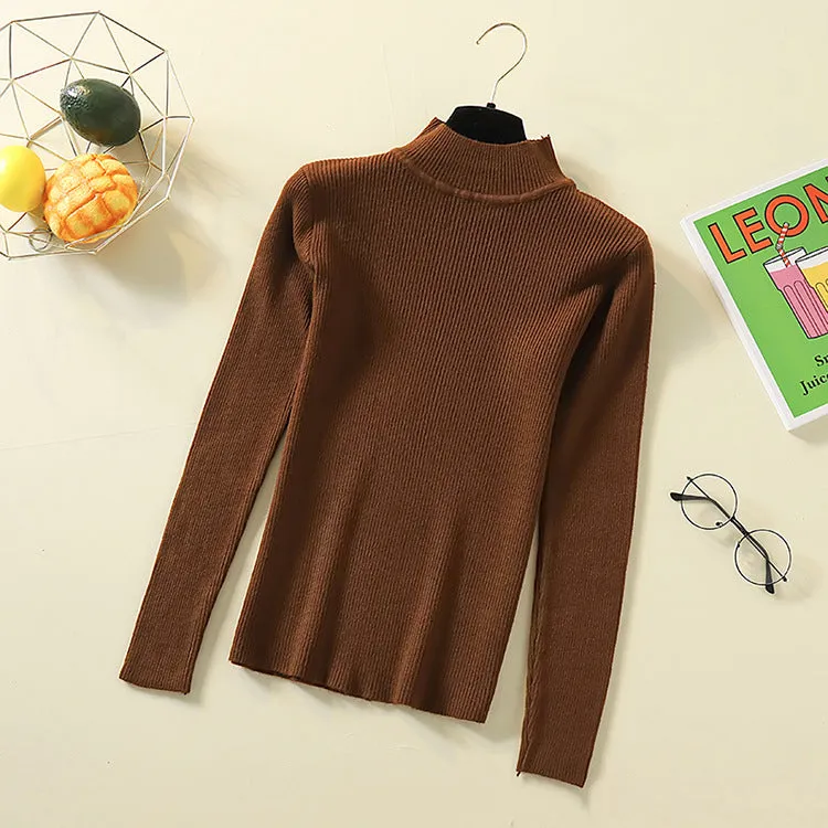 Half-Height Collar Women Long Sleeved All-Matching Slimming Fitted Sweater