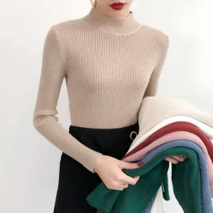 Half-Height Collar Women Long Sleeved All-Matching Slimming Fitted Sweater