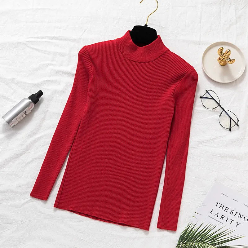 Half-Height Collar Women Long Sleeved All-Matching Slimming Fitted Sweater