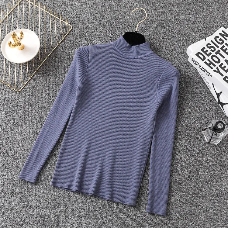 Half-Height Collar Women Long Sleeved All-Matching Slimming Fitted Sweater