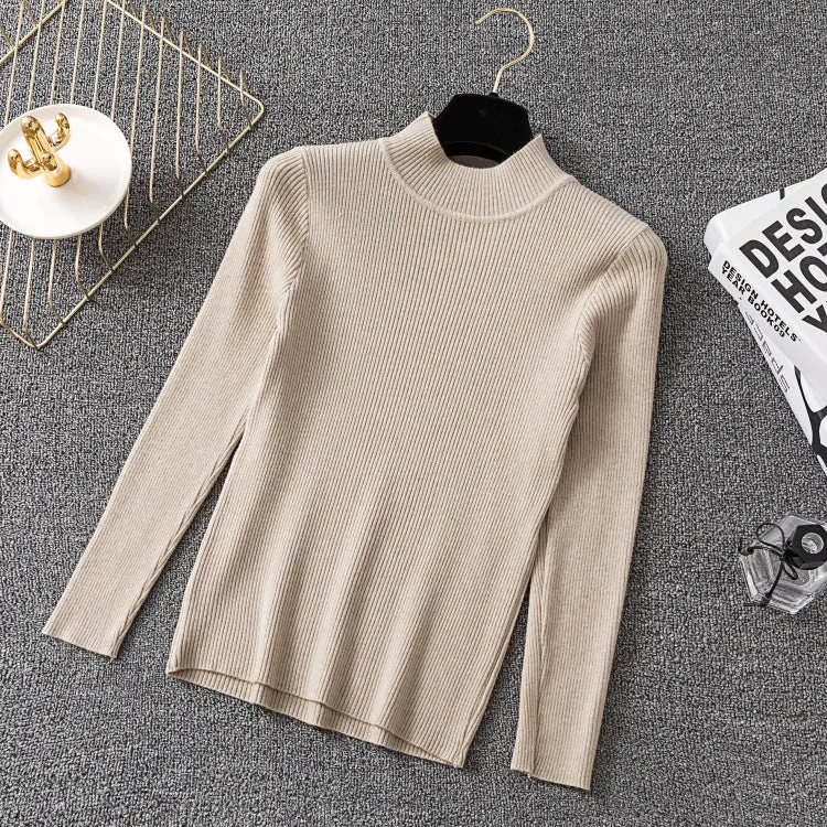 Half-Height Collar Women Long Sleeved All-Matching Slimming Fitted Sweater