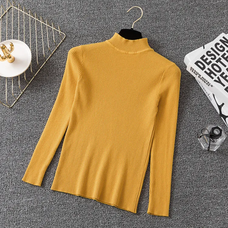 Half-Height Collar Women Long Sleeved All-Matching Slimming Fitted Sweater