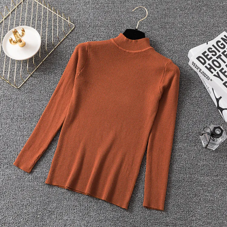 Half-Height Collar Women Long Sleeved All-Matching Slimming Fitted Sweater
