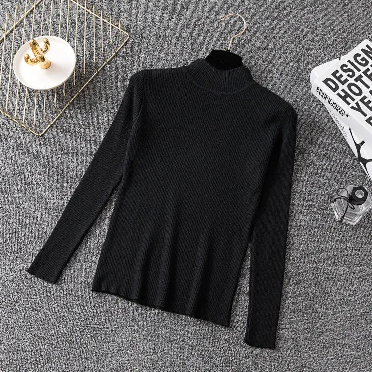 Half-Height Collar Women Long Sleeved All-Matching Slimming Fitted Sweater