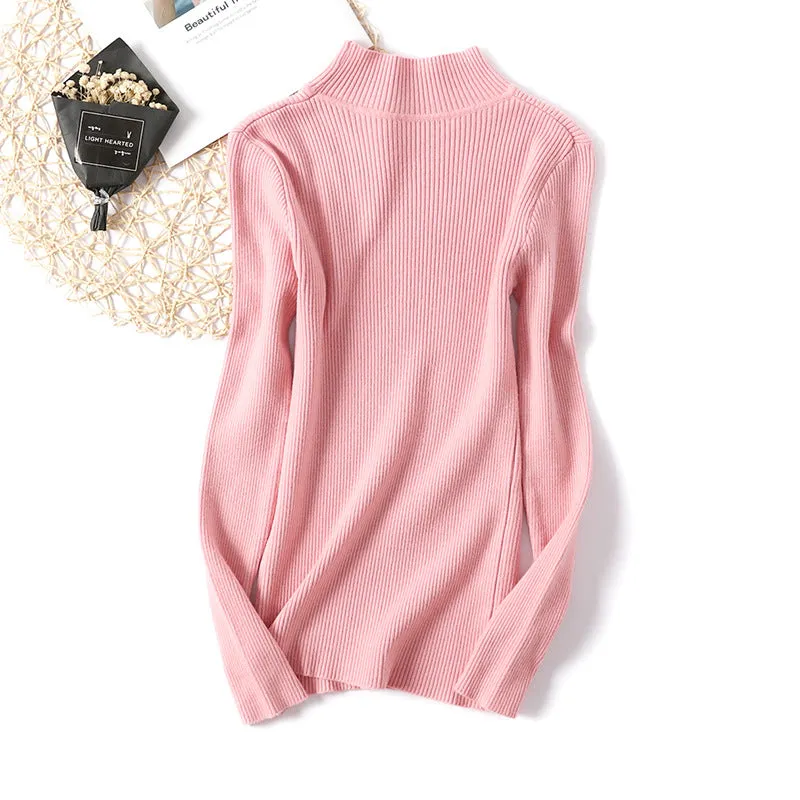 Half-Height Collar Women Slimming Knitted Sweater