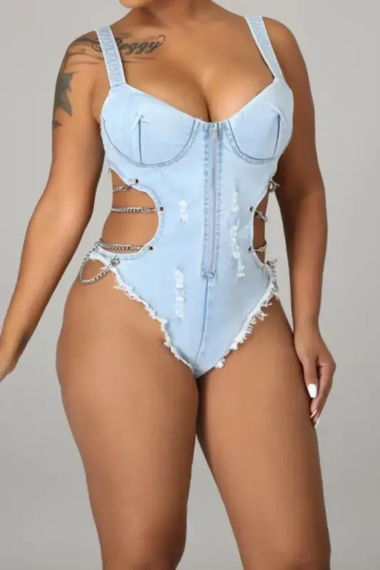 Hi-Cut Side Chain Strap Denim Bodysuit (S-2XL)