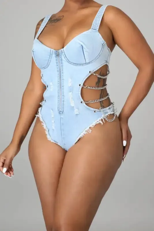 Hi-Cut Side Chain Strap Denim Bodysuit (S-2XL)