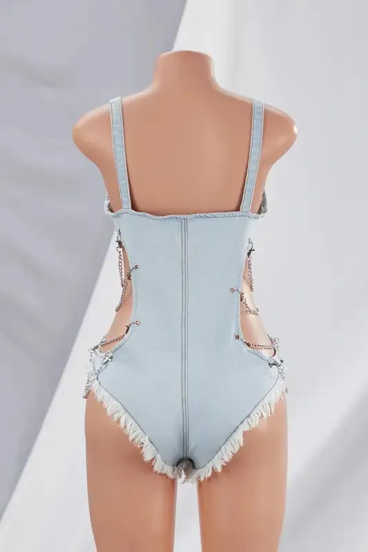 Hi-Cut Side Chain Strap Denim Bodysuit (S-2XL)