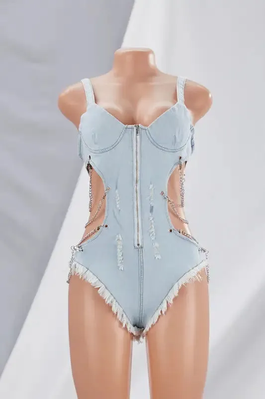 Hi-Cut Side Chain Strap Denim Bodysuit (S-2XL)