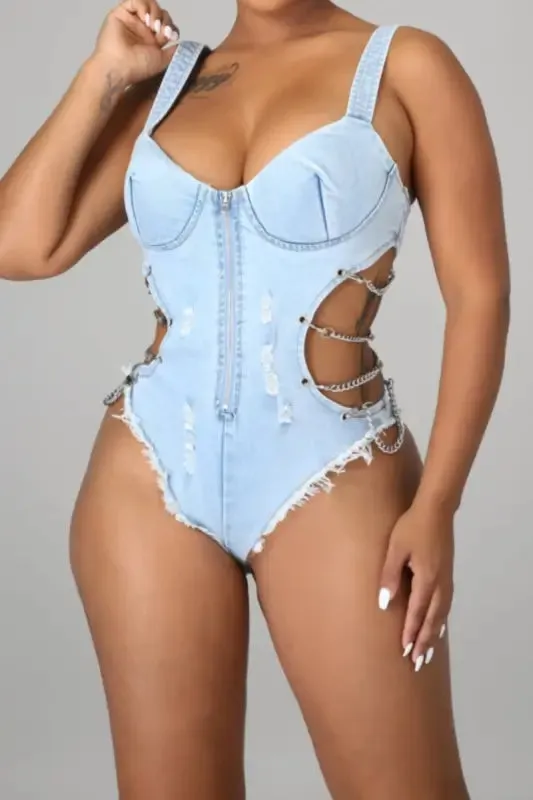 Hi-Cut Side Chain Strap Denim Bodysuit (S-2XL)