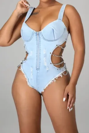 Hi-Cut Side Chain Strap Denim Bodysuit (S-2XL)