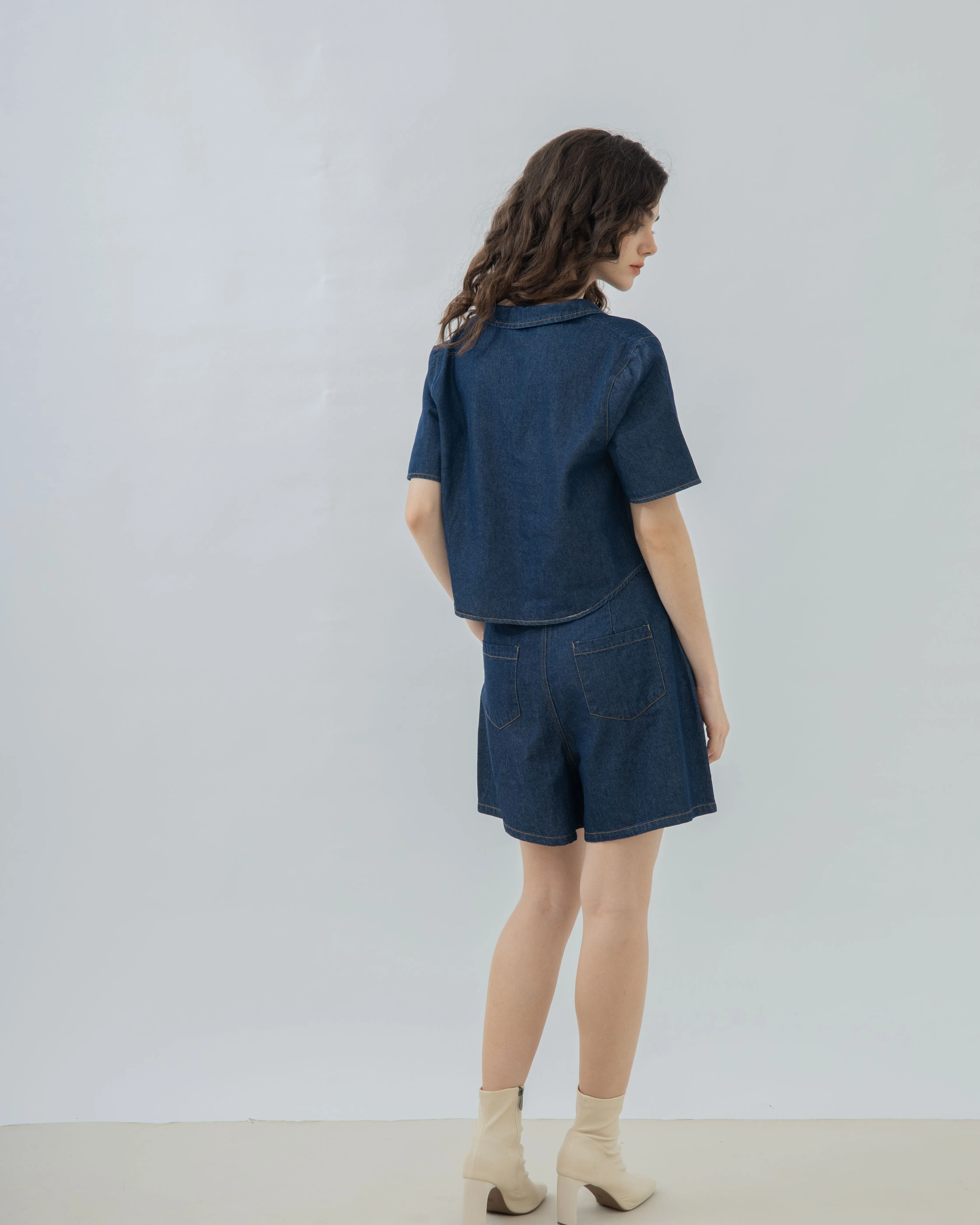 Kayla High Waist Denim A Line Shorts (Denim)