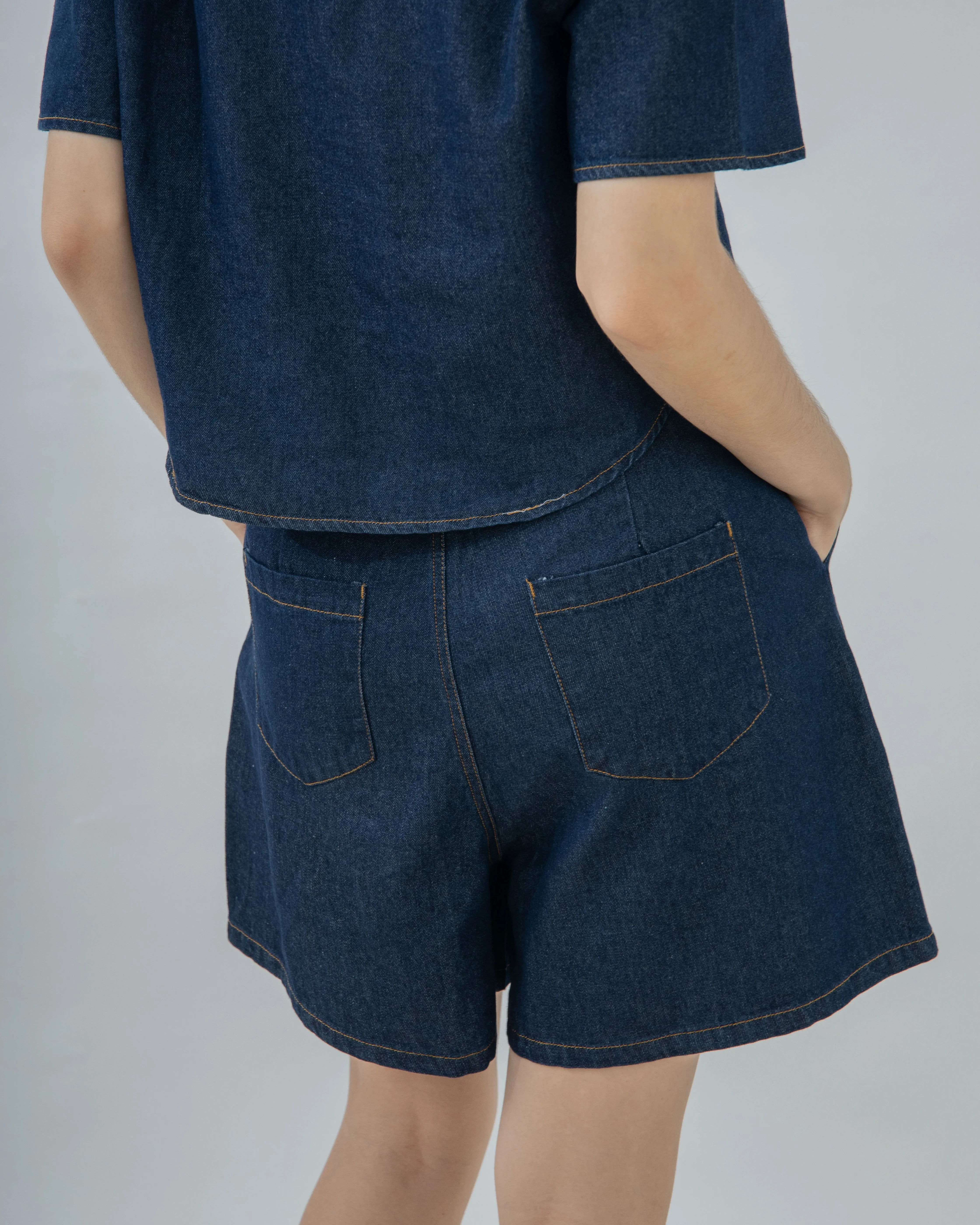 Kayla High Waist Denim A Line Shorts (Denim)