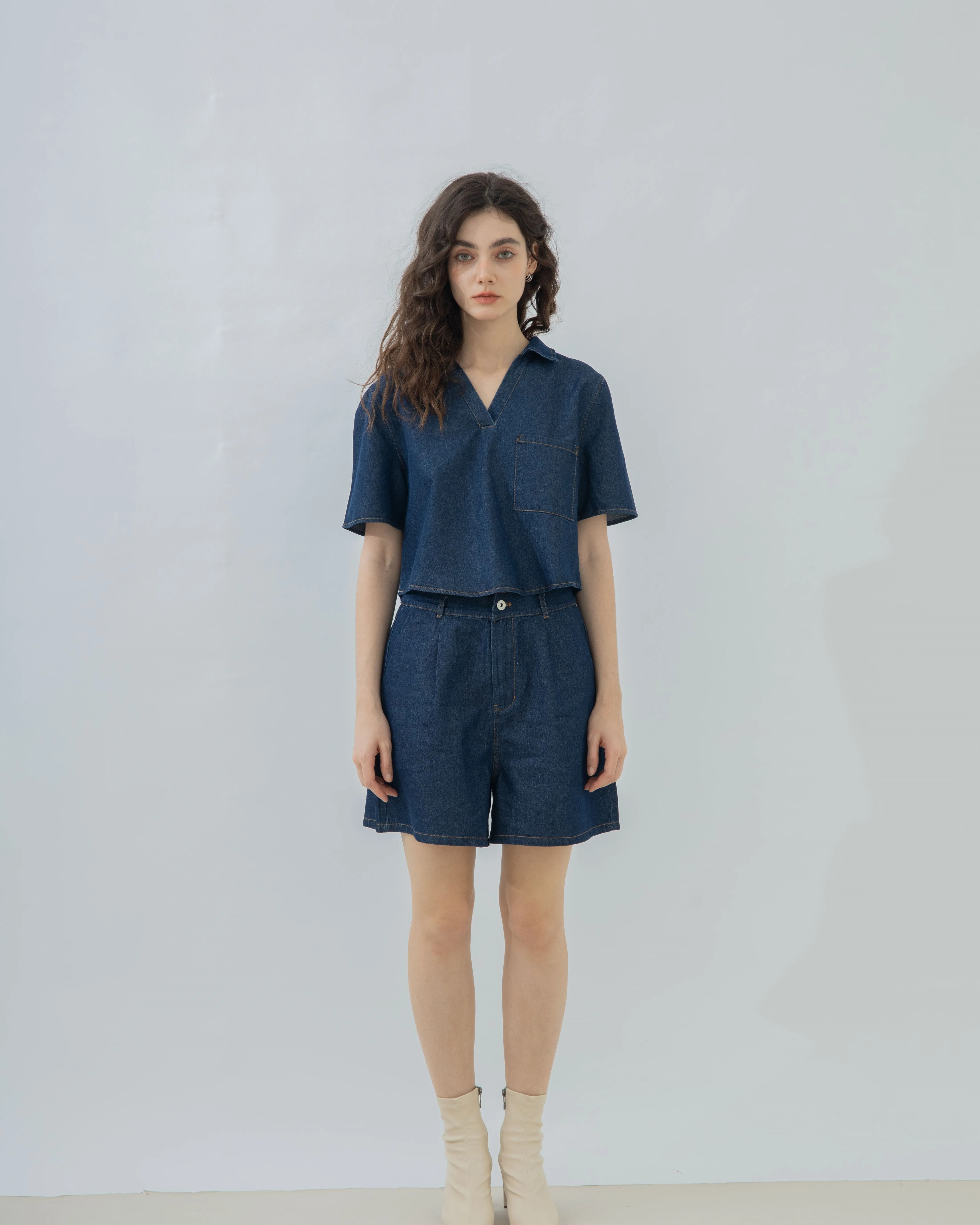 Kayla High Waist Denim A Line Shorts (Denim)